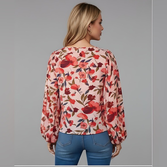 Rose Floral Print Lantern Sleeve Blouse - Picture 3 of 8
